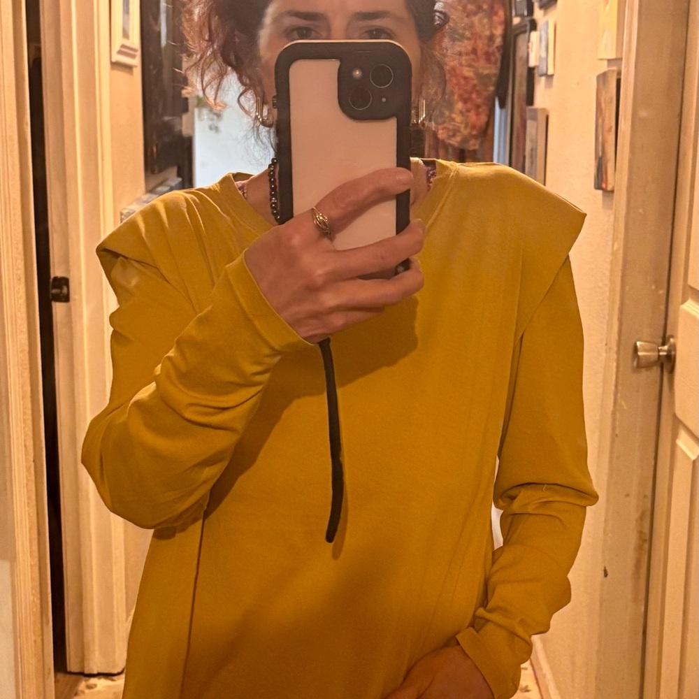 Mustard Yellow Long Sleeve Padded Shoulders Women's T-Shirt Top